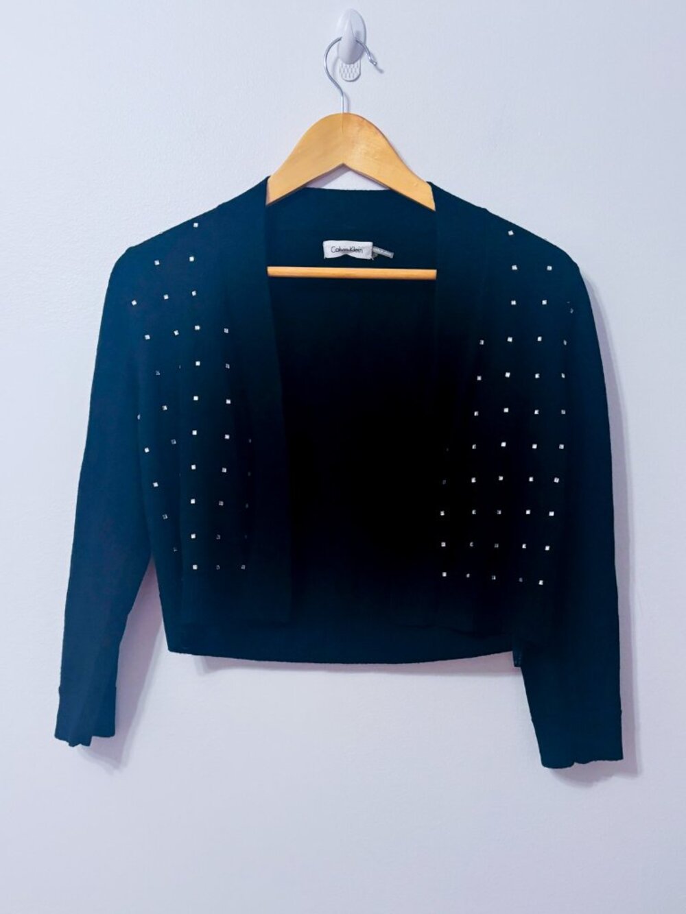 CALVIN KLEIN Black Wool Blend Rhinestone Open Front Cropped Cardigan Small